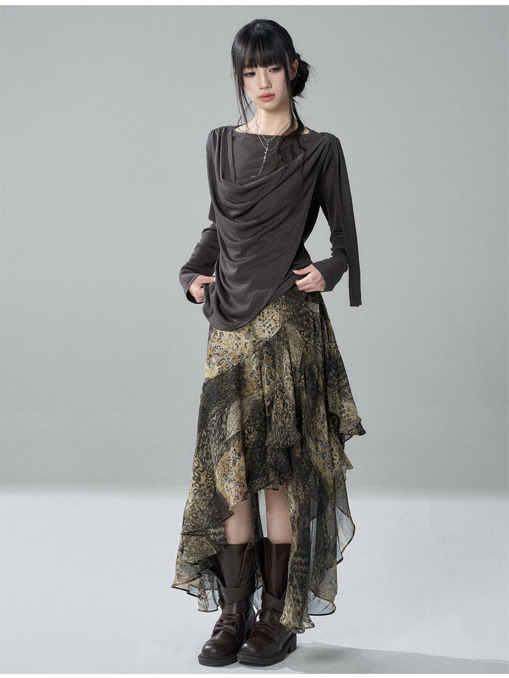 LADYGHOST Leopard Print Asymmetric Ruffle Chiffon Women&