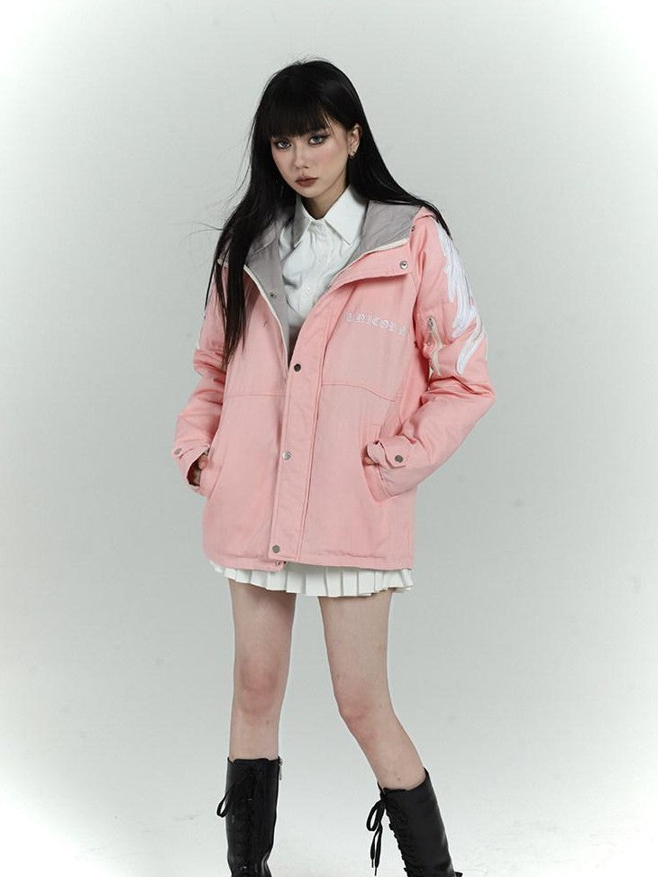 LADYGHOST Pink Hooded Workwear Quilted Parka Women&