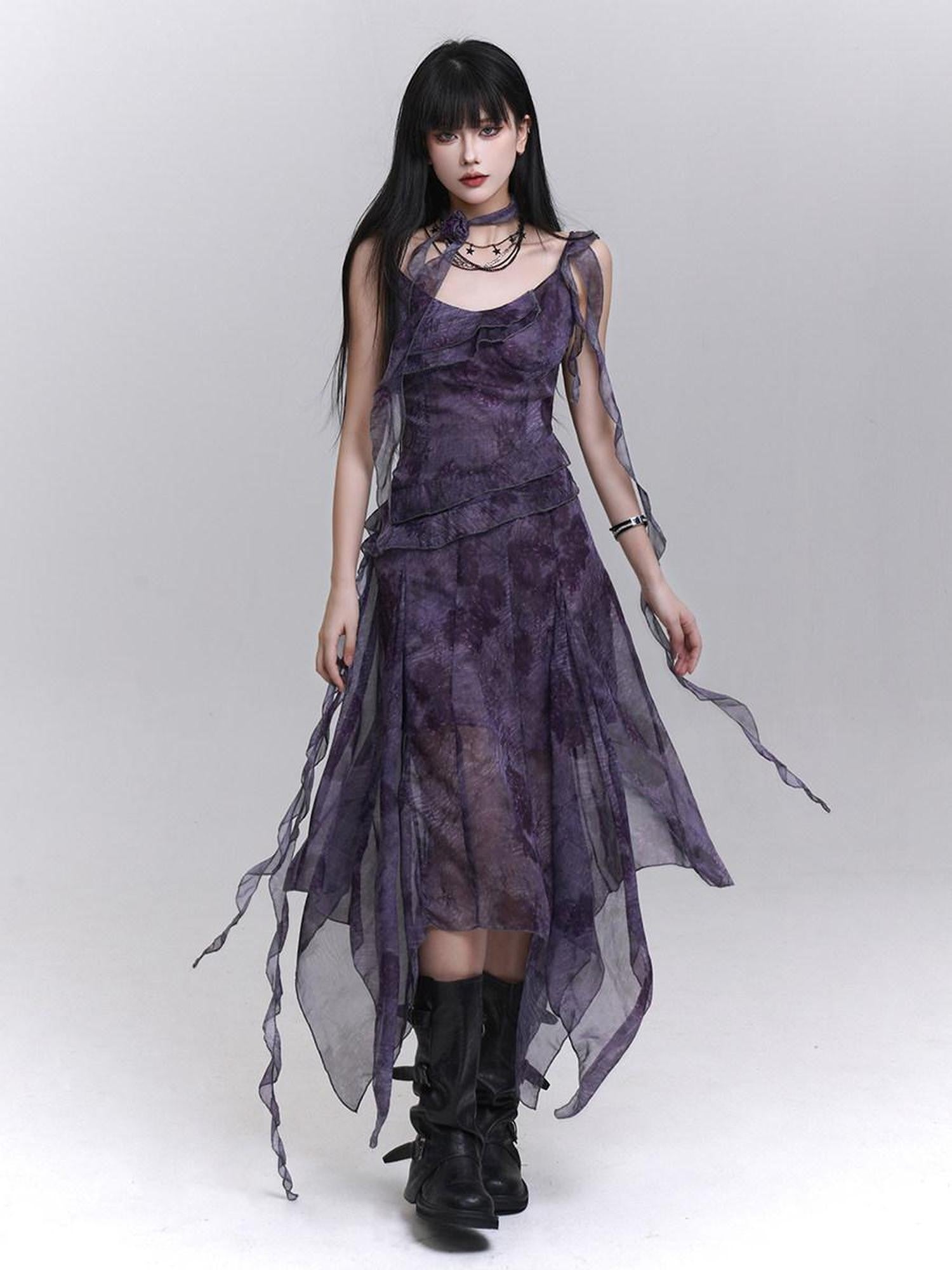 LADYGHOST Purple Asymmetrical Spaghetti Strap Cinched Waist Women&