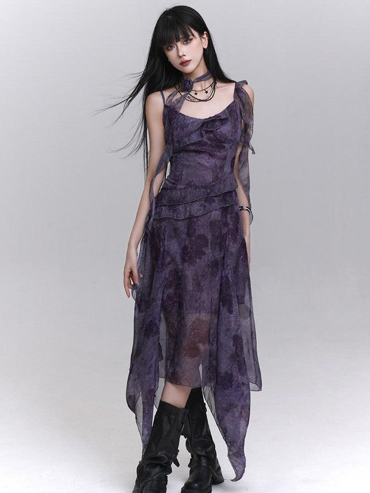 LADYGHOST Purple Asymmetrical Spaghetti Strap Cinched Waist Women&