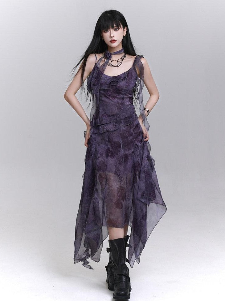 LADYGHOST Purple Asymmetrical Spaghetti Strap Cinched Waist Women&