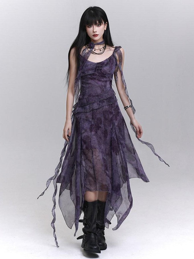 LADYGHOST Purple Asymmetrical Spaghetti Strap Cinched Waist Women&
