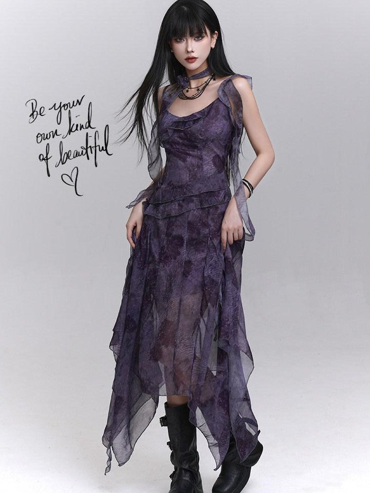 LADYGHOST Purple Asymmetrical Spaghetti Strap Cinched Waist Women&