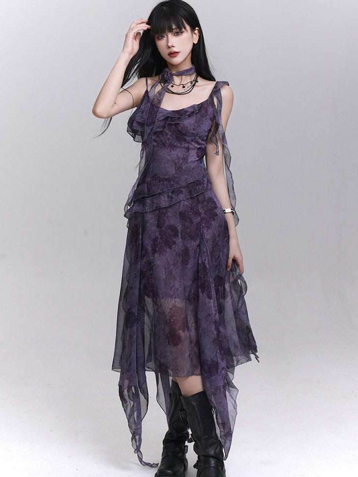 LADYGHOST Purple Asymmetrical Spaghetti Strap Cinched Waist Women&
