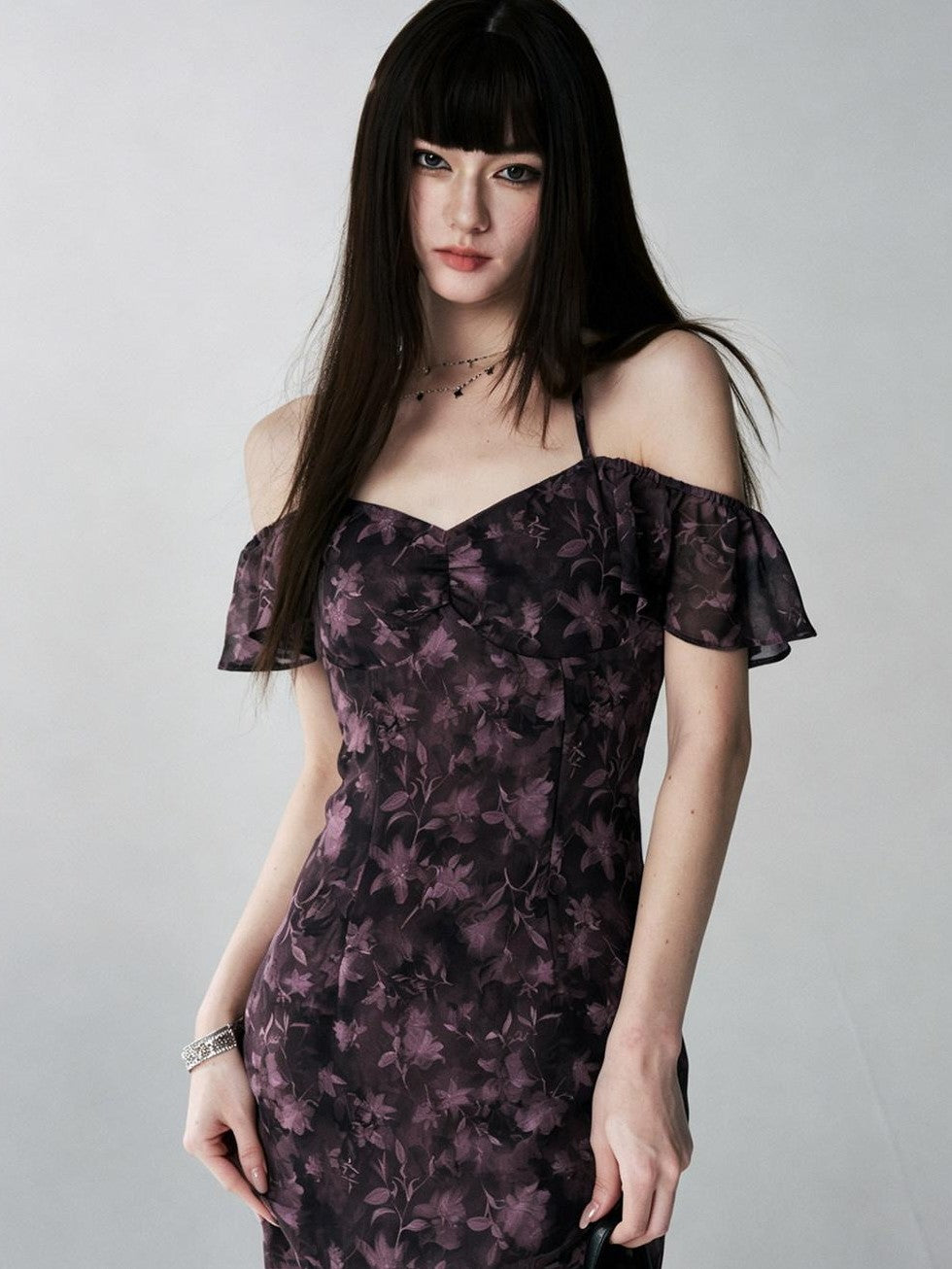 LADYGHOST Purple Halter Neck Floral Backless Flutter Sleeve Women&