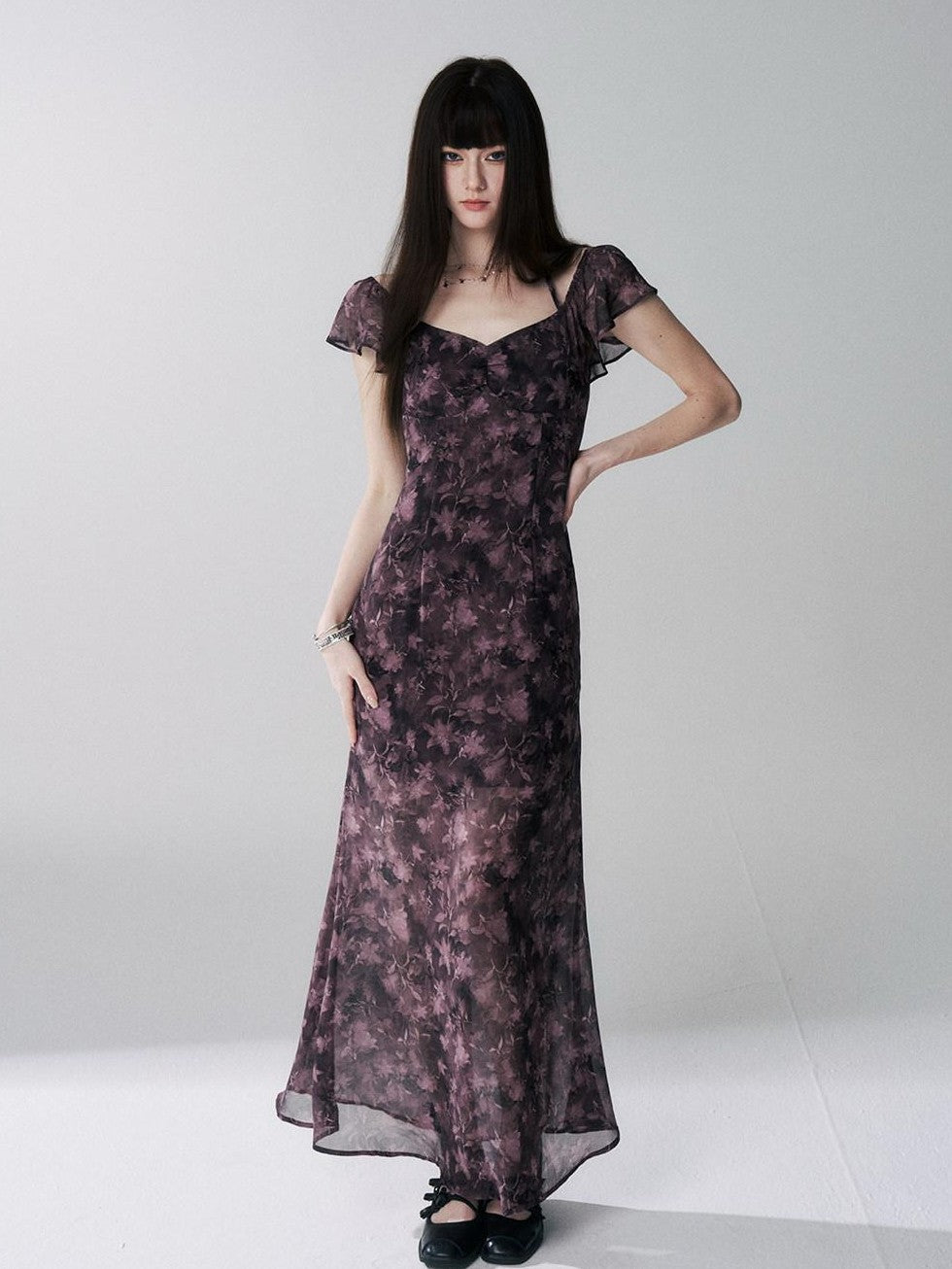 LADYGHOST Purple Halter Neck Floral Backless Flutter Sleeve Women&