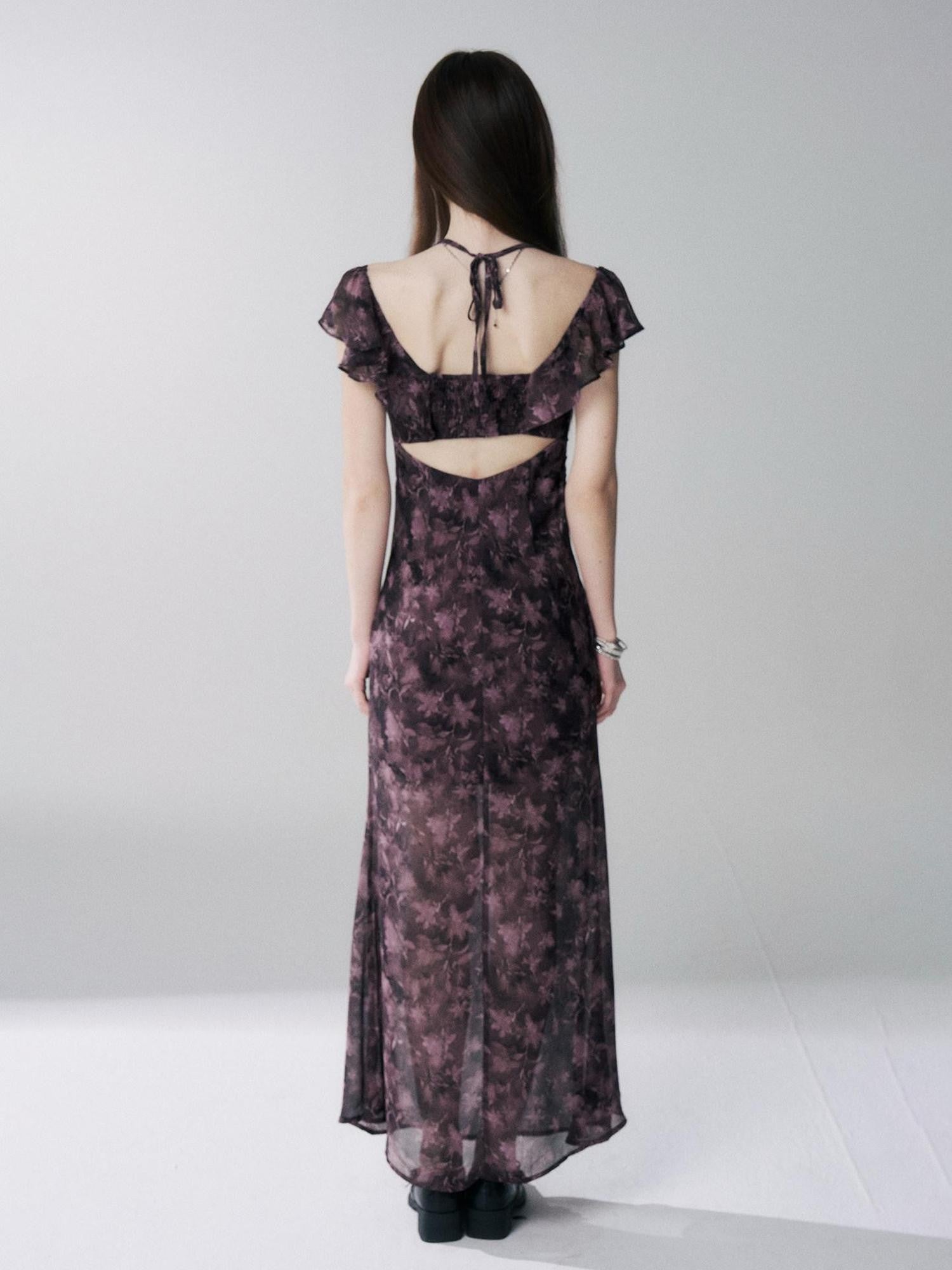 LADYGHOST Purple Halter Neck Floral Backless Flutter Sleeve Women&