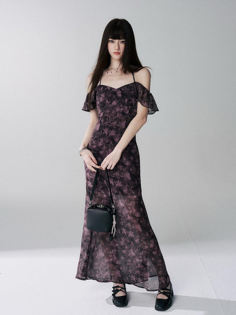 LADYGHOST Purple Halter Neck Floral Backless Flutter Sleeve Women&