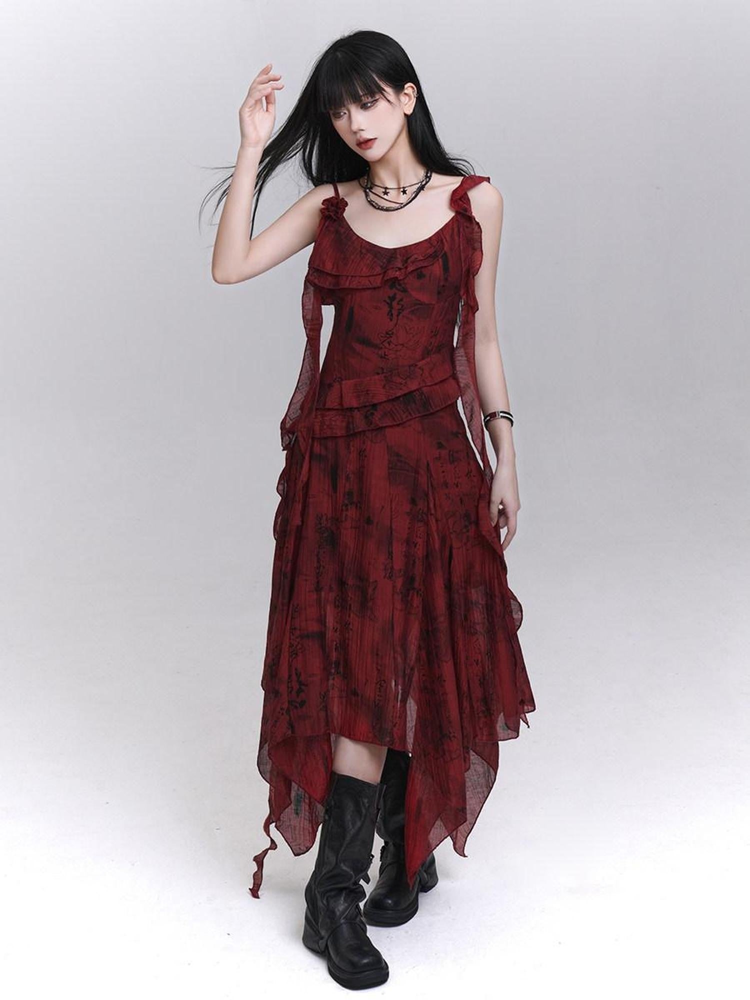 LADYGHOST Red Beach Asymmetrical Spaghetti Strap Women&