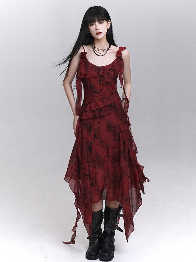 LADYGHOST Red Beach Asymmetrical Spaghetti Strap Women&