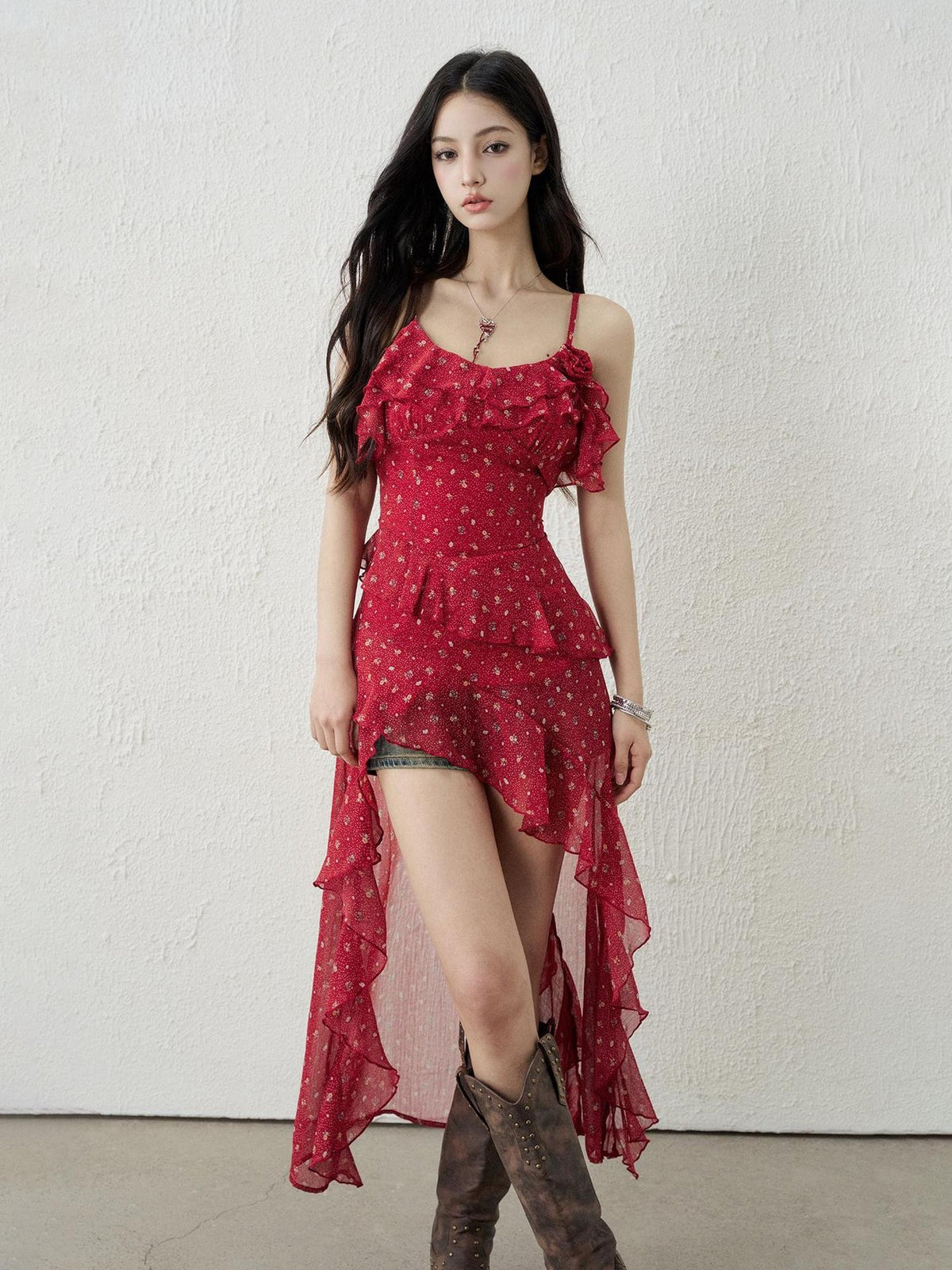 LADYGHOST Red Floral High Waist Asymmetric Hem Women&