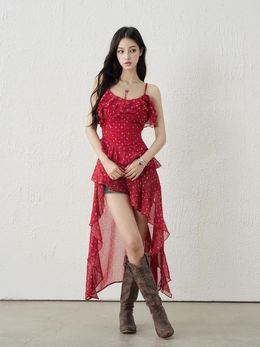 LADYGHOST Red Floral High Waist Asymmetric Hem Women&