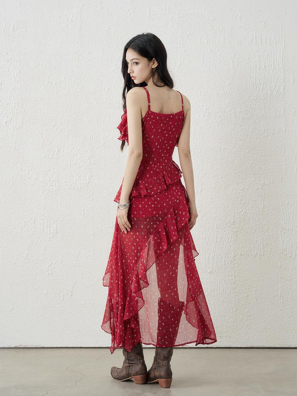 LADYGHOST Red Floral High Waist Asymmetric Hem Women&