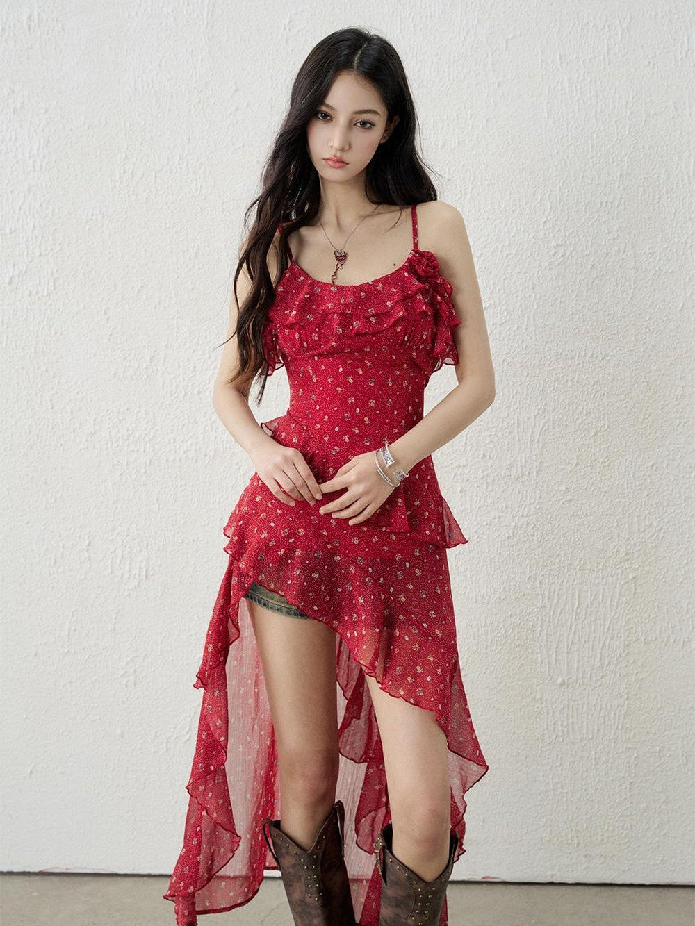 LADYGHOST Red Floral High Waist Asymmetric Hem Women&