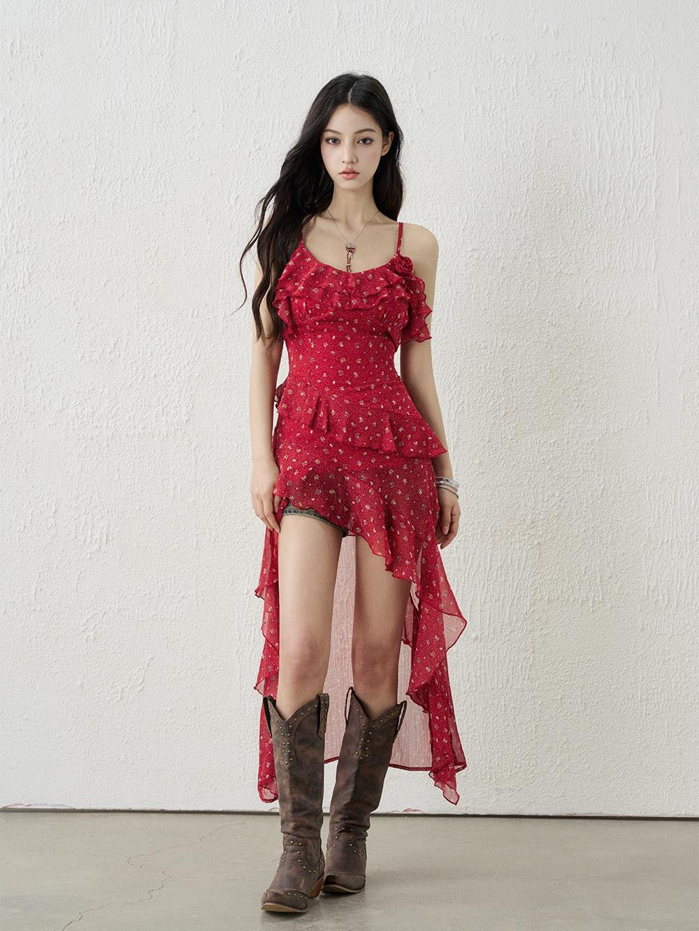 LADYGHOST Red Floral High Waist Asymmetric Hem Women&