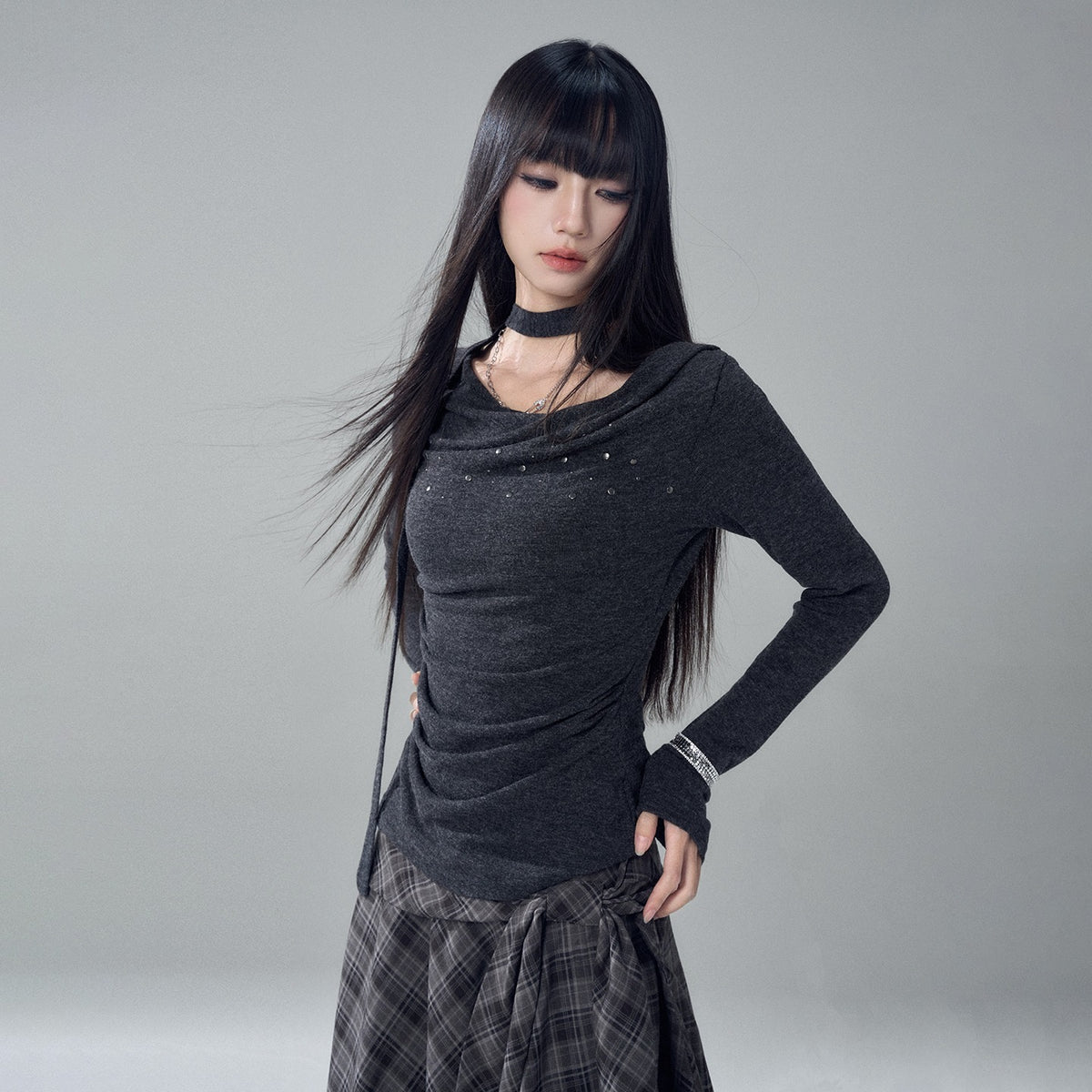 LADYGHOST_Ruched_Draped_Neck_Solid_Slim_Fit_Women&