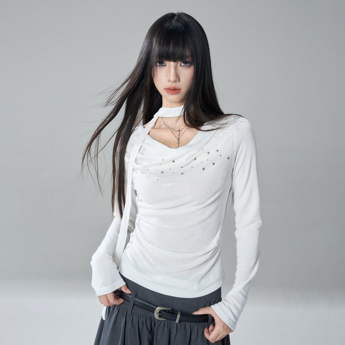 LADYGHOST_Ruched_Draped_Neck_Solid_Slim_Fit_Women&