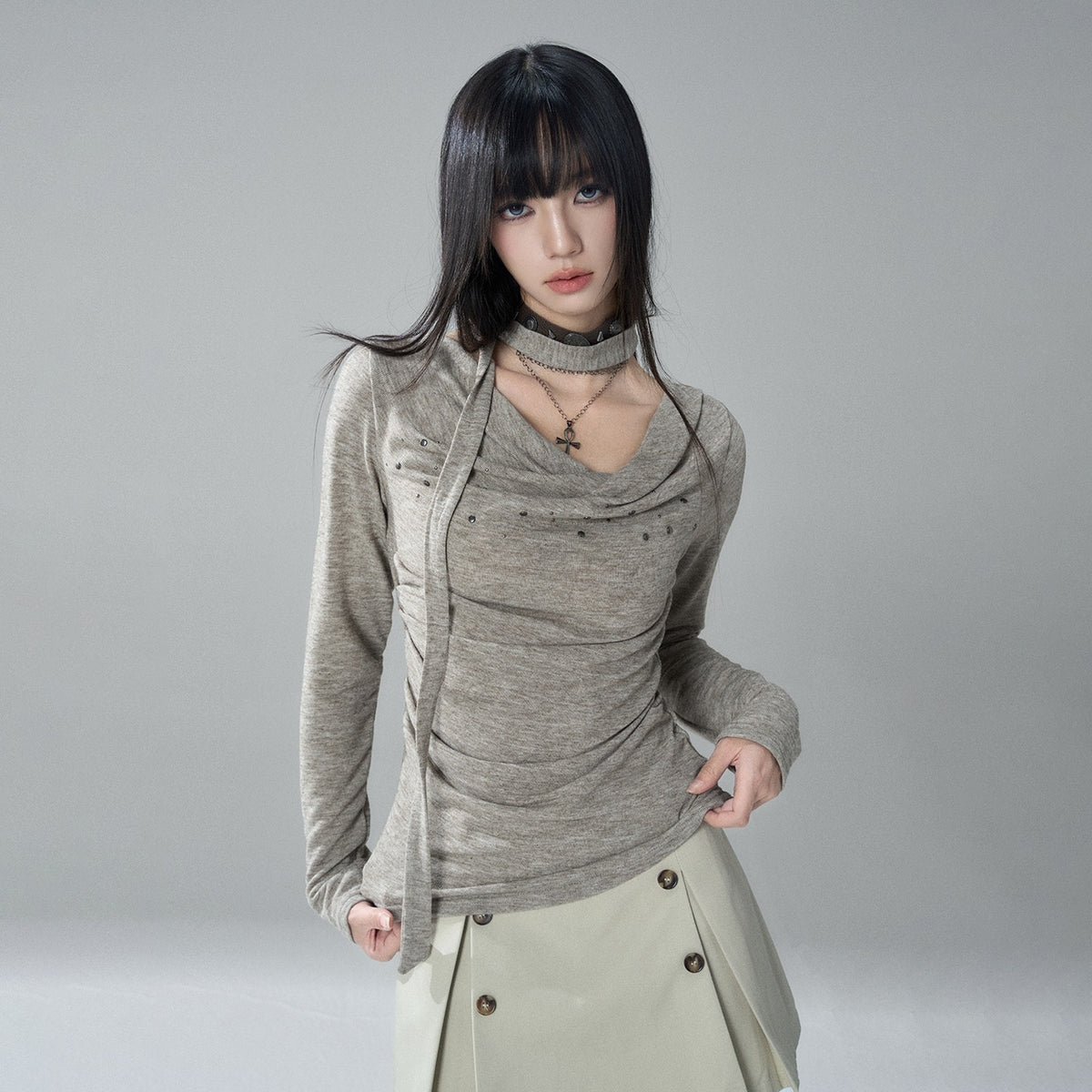 LADYGHOST_Ruched_Draped_Neck_Solid_Slim_Fit_Women&