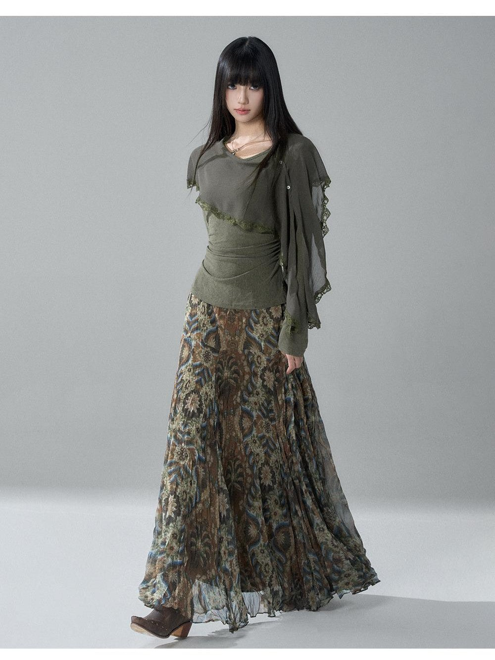 LADYGHOST Sheer Lace Button Capelet Solid Green Women&