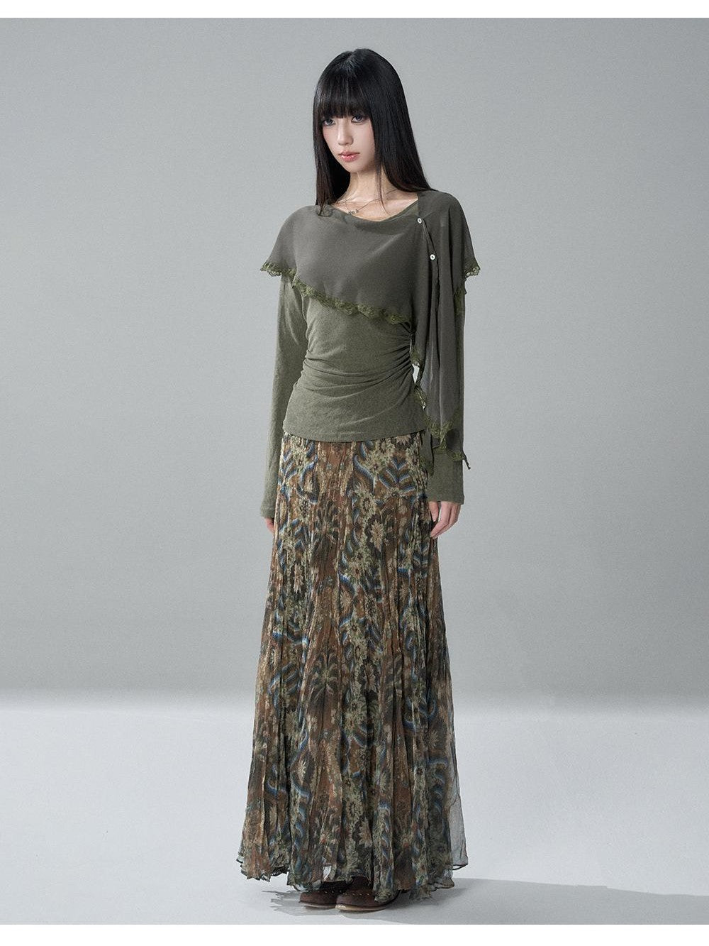 LADYGHOST Sheer Lace Button Capelet Solid Green Women&
