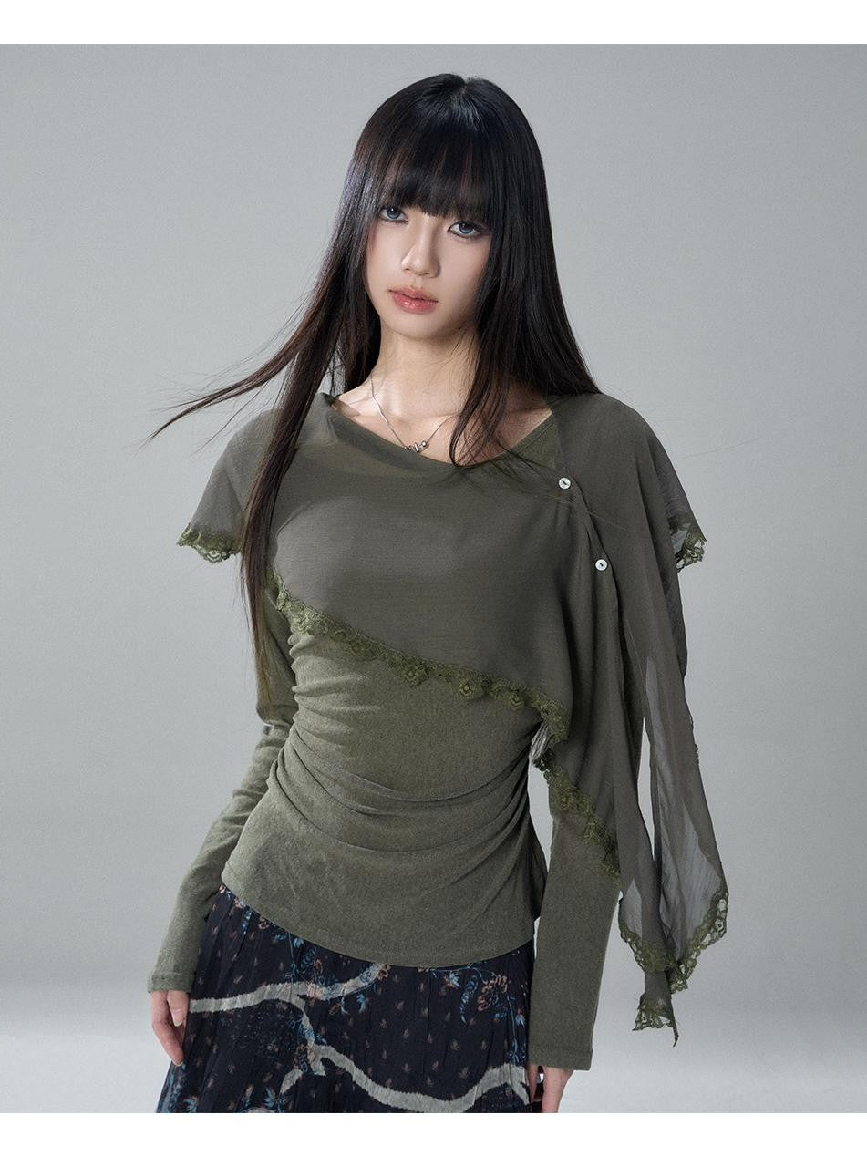 LADYGHOST Sheer Lace Button Capelet Solid Green Women&