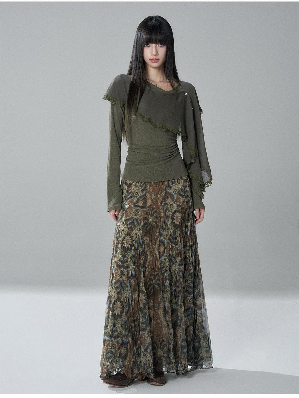 LADYGHOST Sheer Lace Button Capelet Solid Green Women&