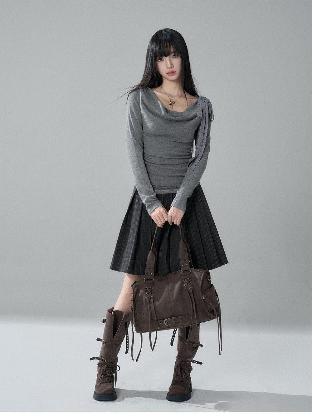 LADYGHOST Slim Fit Draped Cowl Neck Layered Look Polka Dot Women&