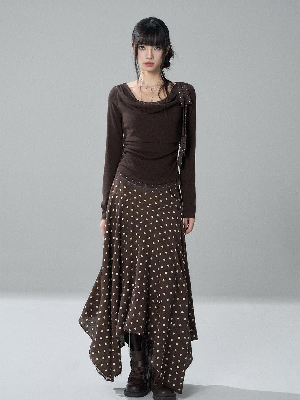 LADYGHOST Slim Fit Draped Cowl Neck Layered Look Polka Dot Women&