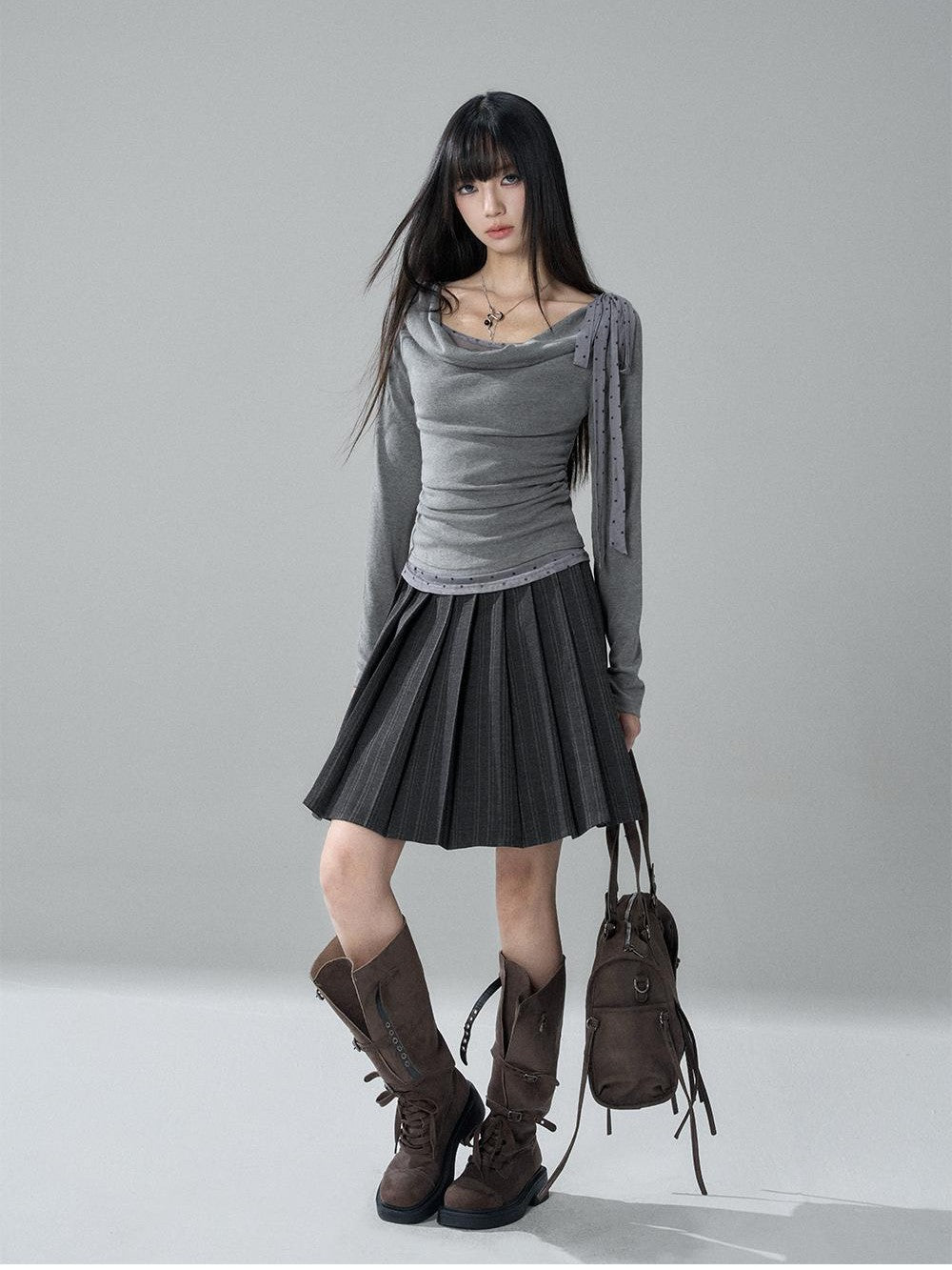 LADYGHOST Slim Fit Draped Cowl Neck Layered Look Polka Dot Women&