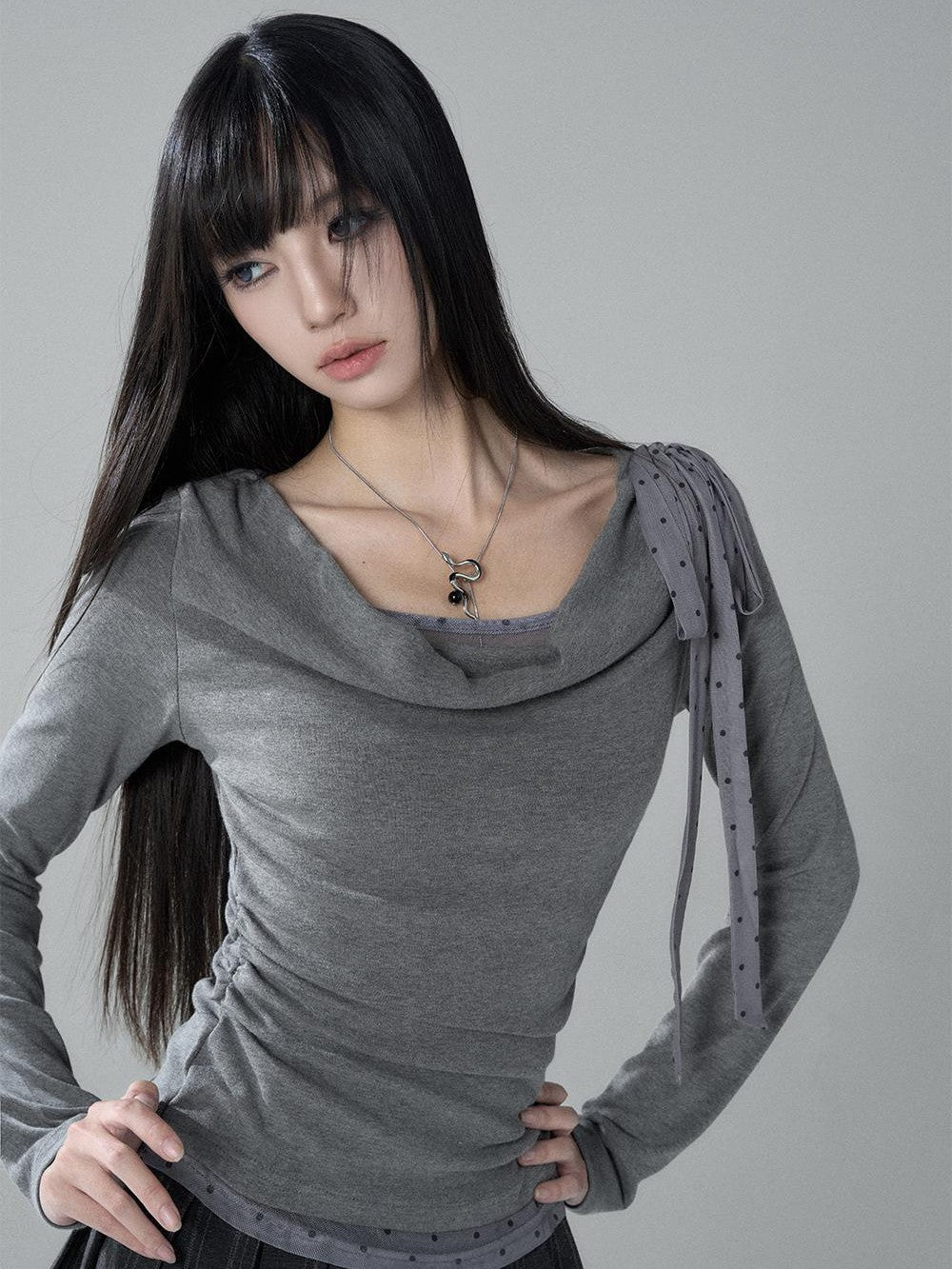 LADYGHOST Slim Fit Draped Cowl Neck Layered Look Polka Dot Women&