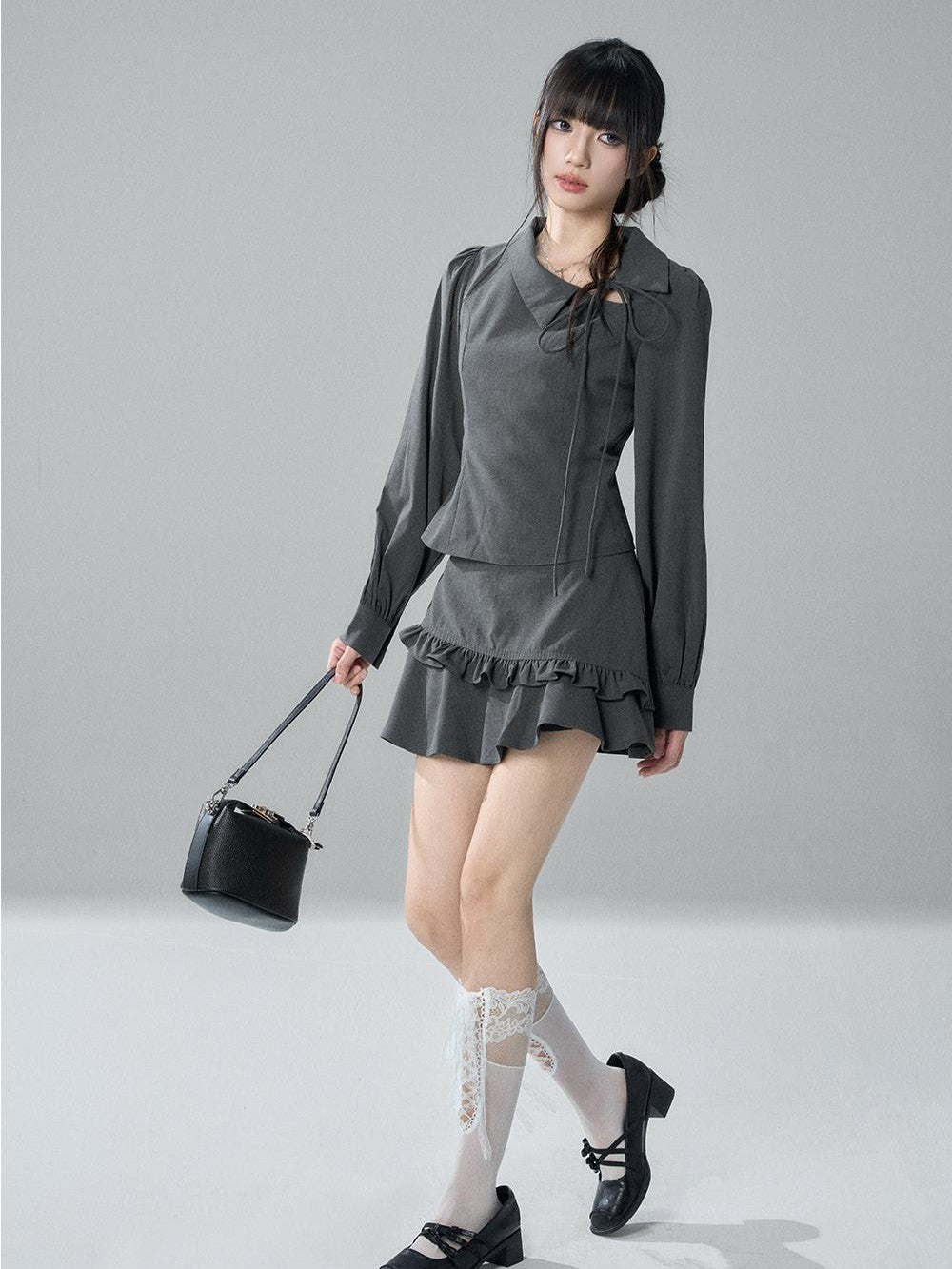 LADYGHOST Solid Collared Shirt Long Sleeve Slim Fit Women&