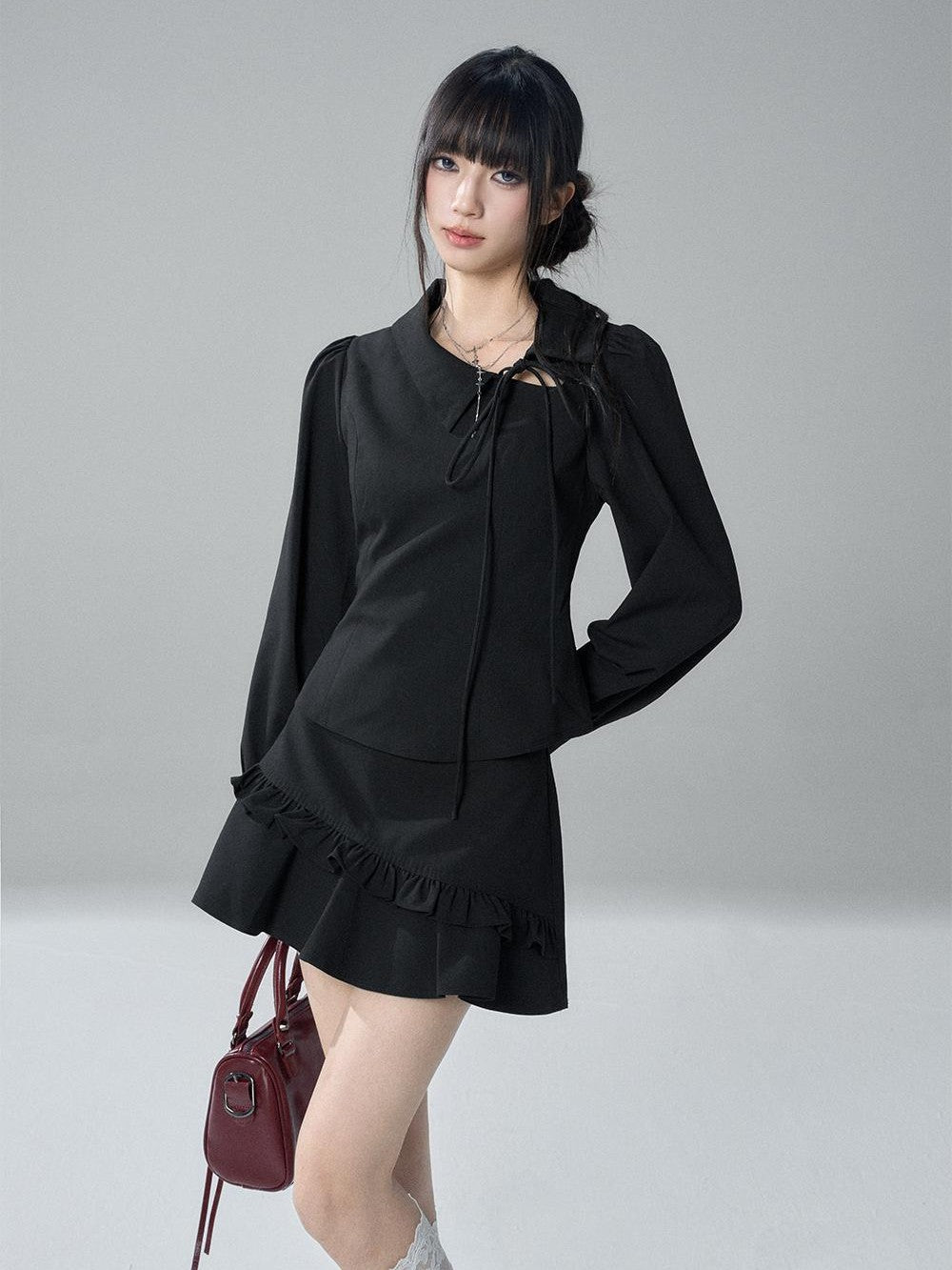 LADYGHOST Solid Collared Shirt Long Sleeve Slim Fit Women&