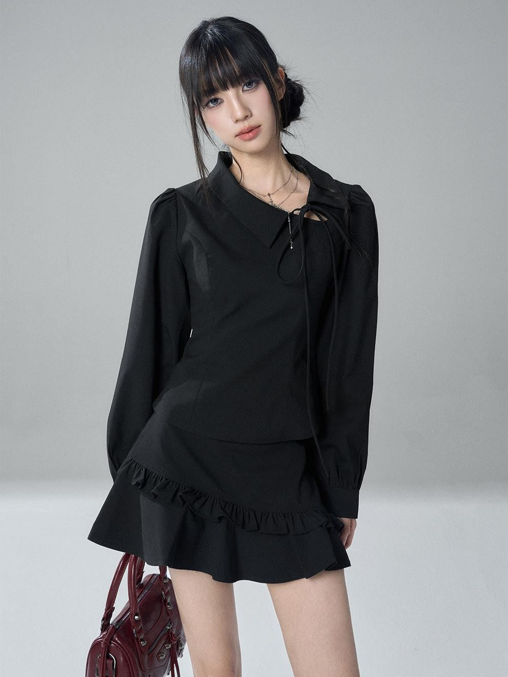 LADYGHOST Solid Collared Shirt Long Sleeve Slim Fit Women&