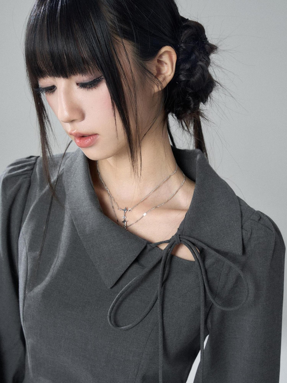 LADYGHOST Solid Collared Shirt Long Sleeve Slim Fit Women&