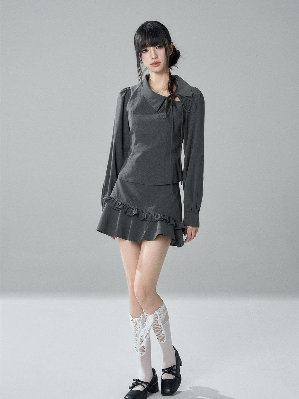 LADYGHOST Solid Collared Shirt Long Sleeve Slim Fit Women&