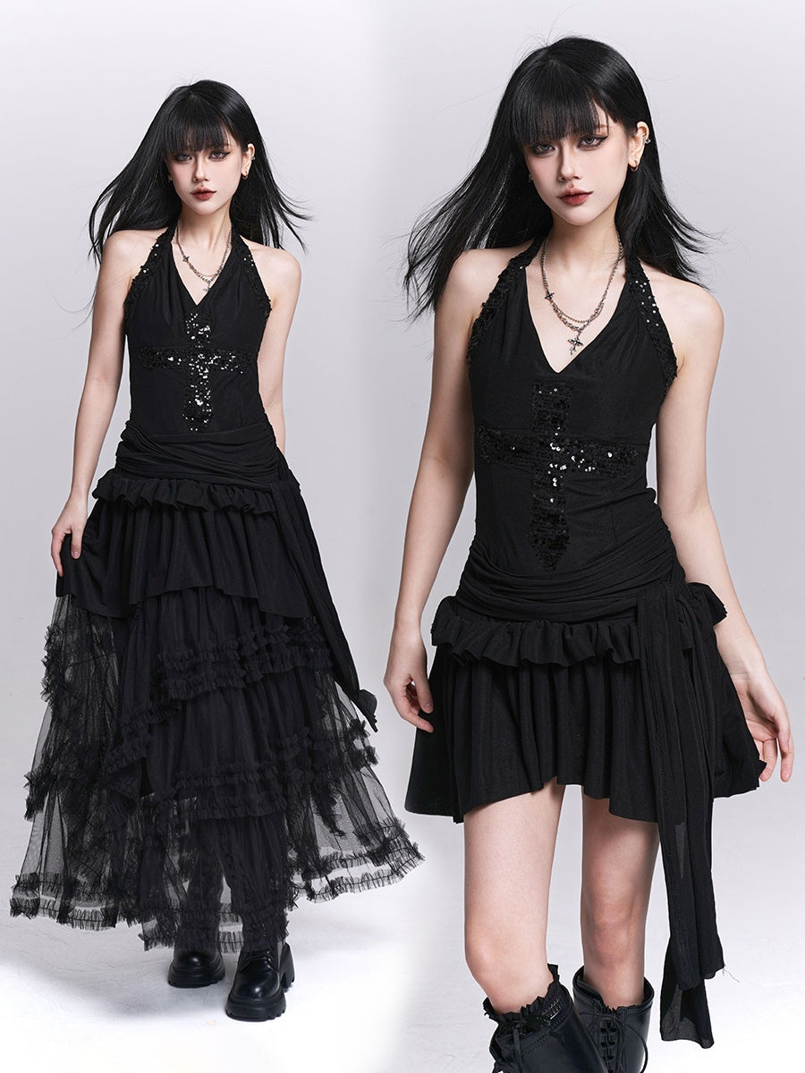 LADYGHOST_Sparkly_V-neck_Open_Back_Ruched_High_Waist_Women&