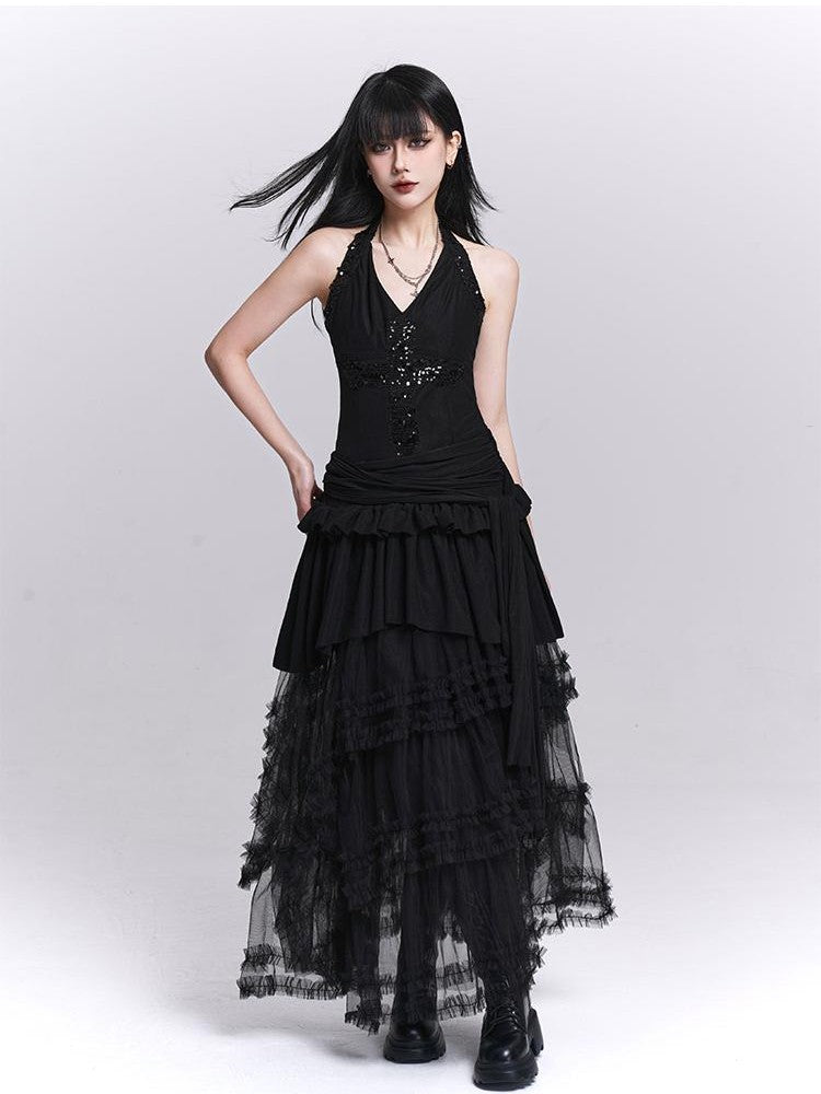 LADYGHOST Sparkly V-neck Open Back Ruched High Waist Women&