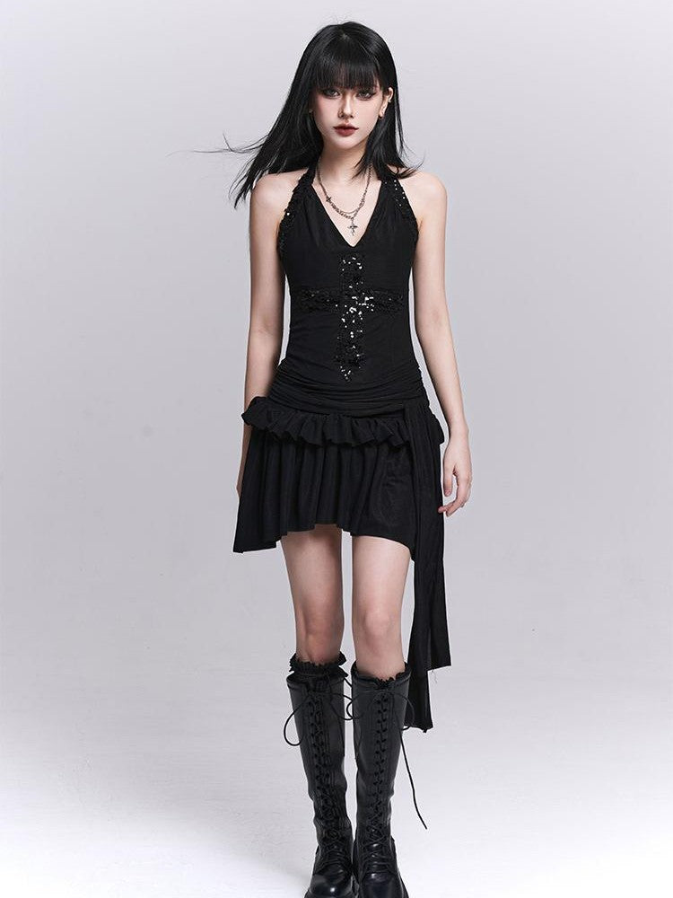 LADYGHOST Sparkly V-neck Open Back Ruched High Waist Women&