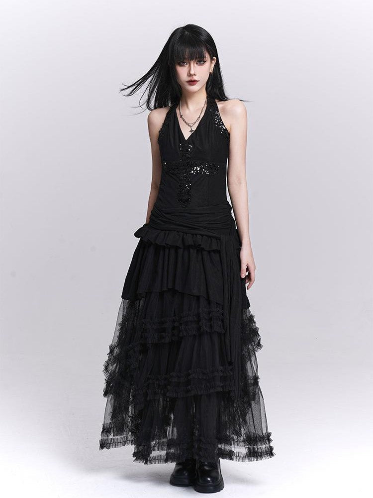 LADYGHOST Sparkly V-neck Open Back Ruched High Waist Women&