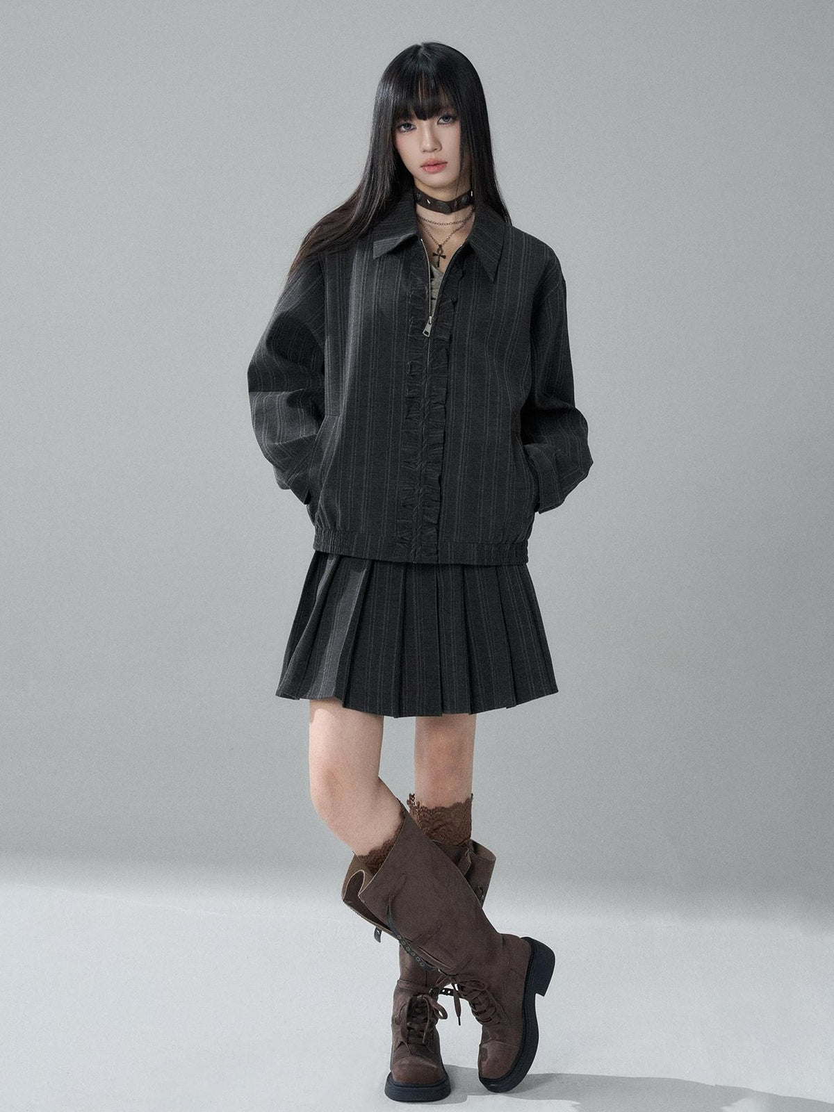 LADYGHOST Striped Barn Jacket Loose Fit Zip Front Women&