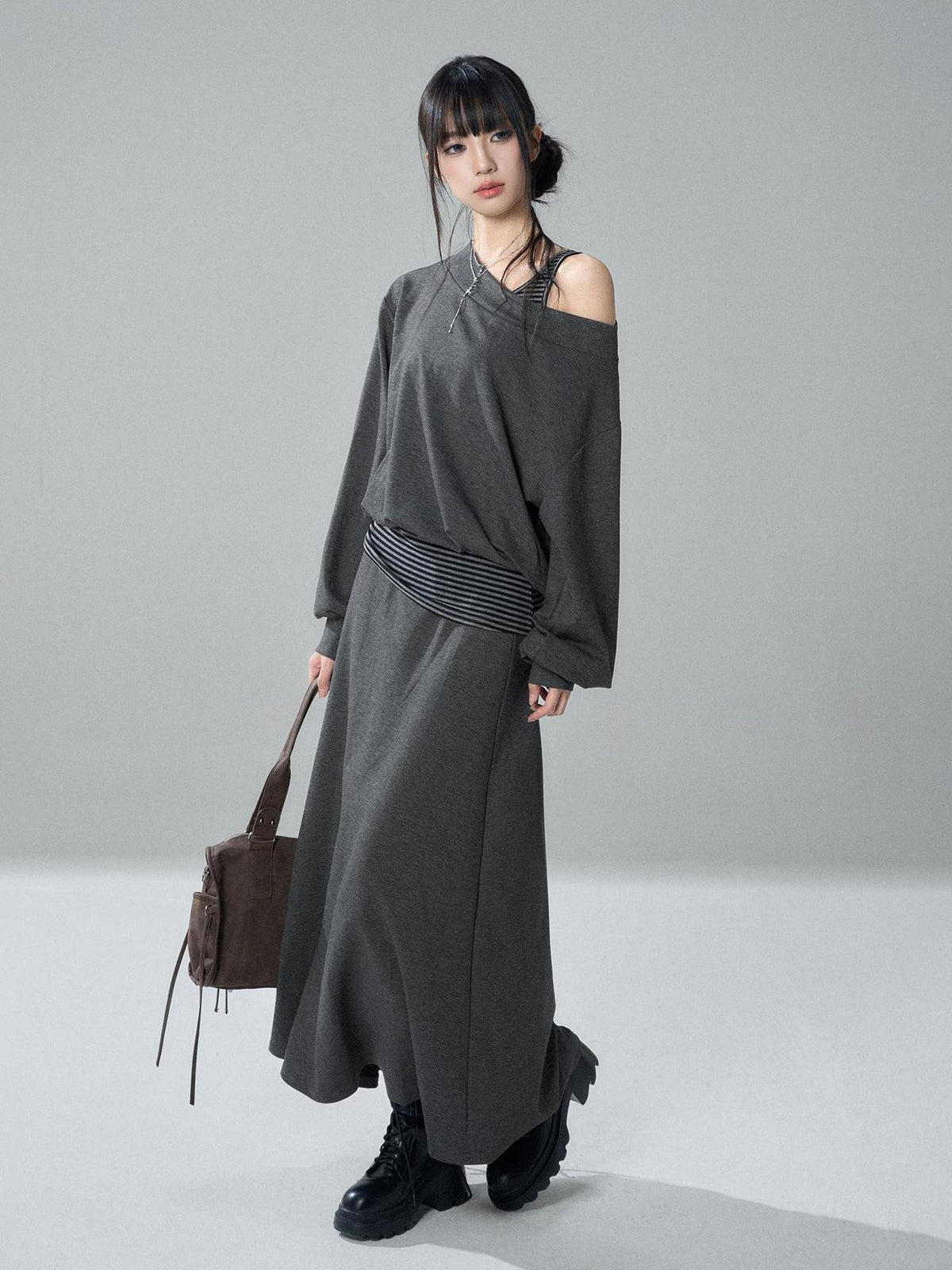 LADYGHOST Striped One Shoulder High Waist Loose Fit Women&