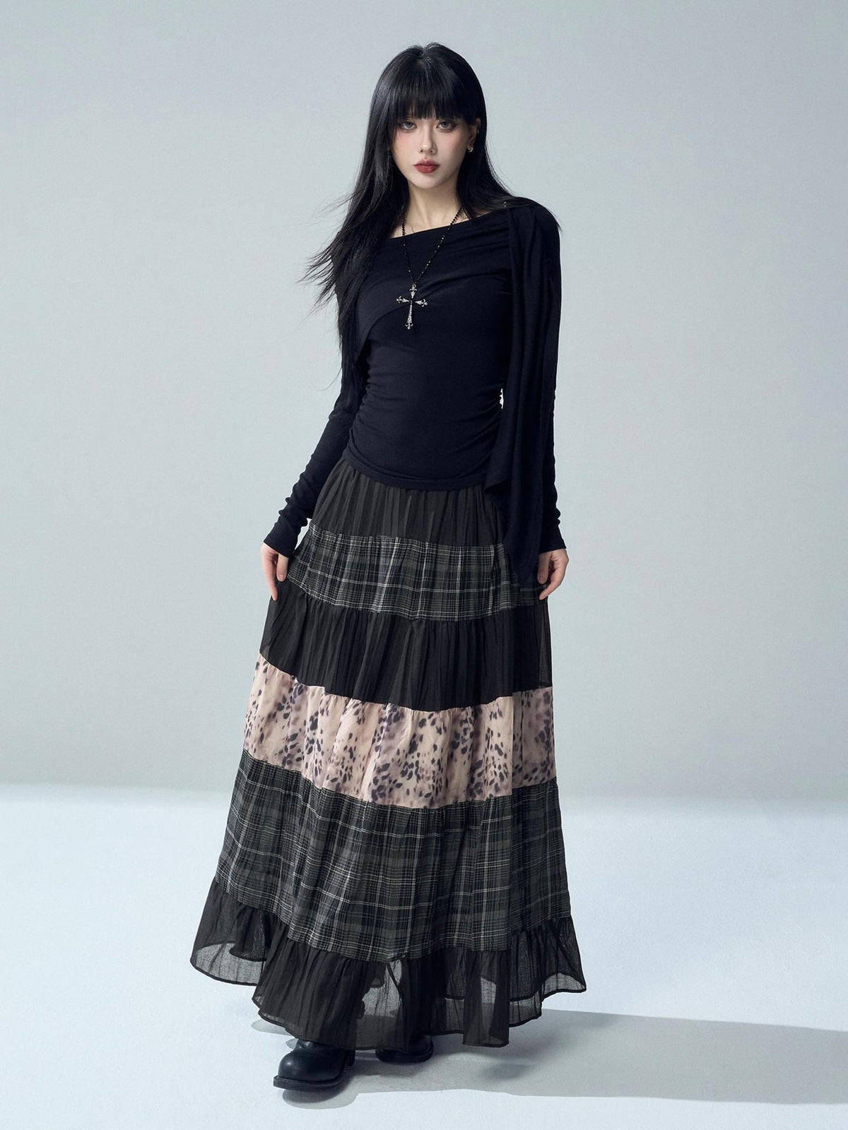 LADYGHOST Vintage Plaid Patchwork Ruched High Waist Women&