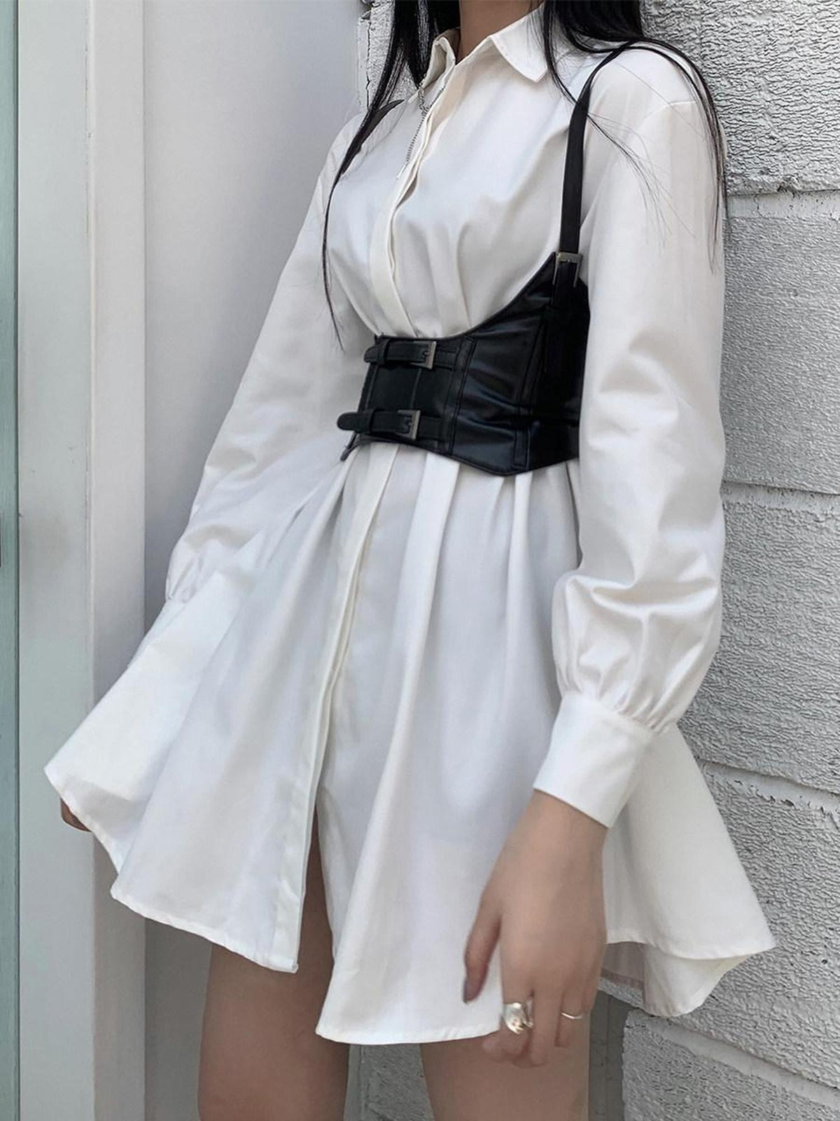 LADYGHOST White Cinched Waist Belt Shirt Dress Women&