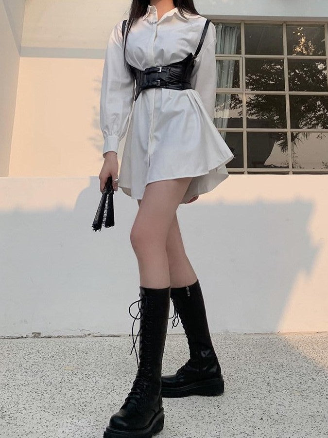 LADYGHOST White Cinched Waist Belt Shirt Dress Women&
