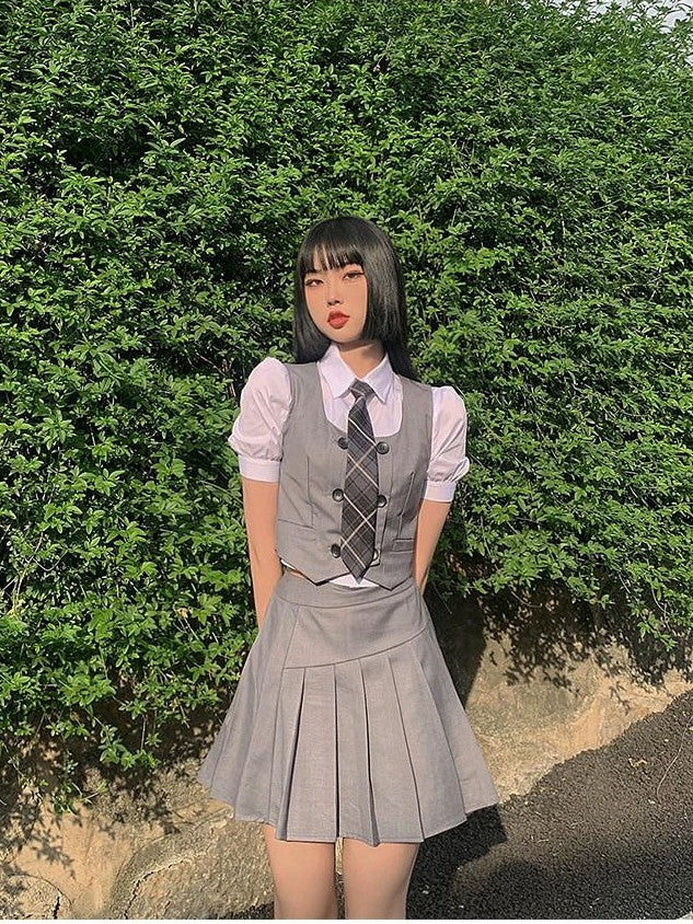 LADYGHOST White Layered Jk Vest And Long Sleeve School Shirt Women&