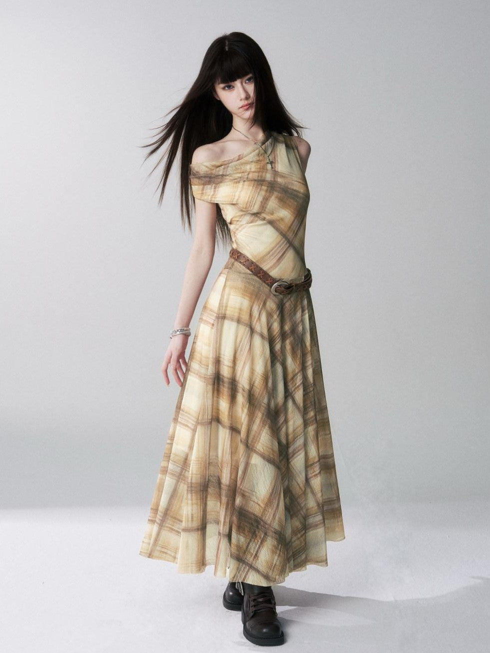 LADYGHOST Yellow Plaid Plunging Neck Off Shoulder Sleeveless Women&