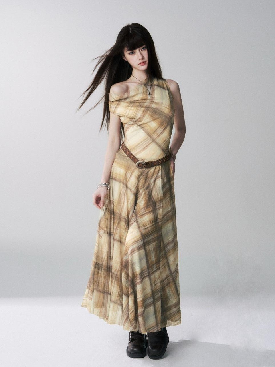LADYGHOST Yellow Plaid Plunging Neck Off Shoulder Sleeveless Women&