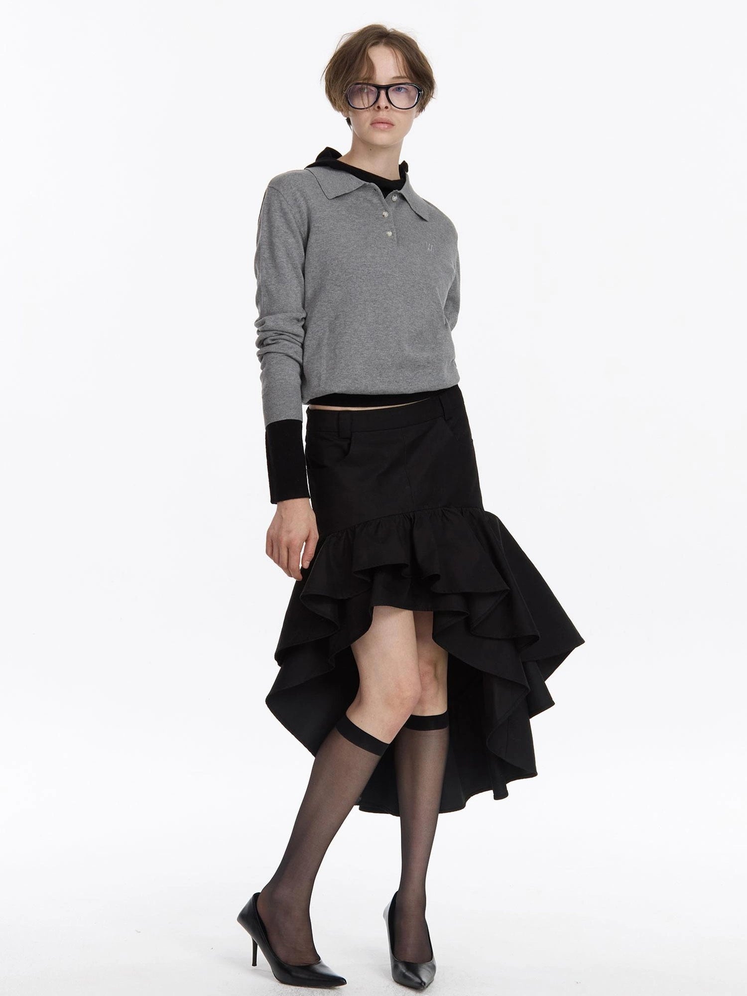 LYUOCHENG A Line Asymmetrical Ruffle Hem Skirt