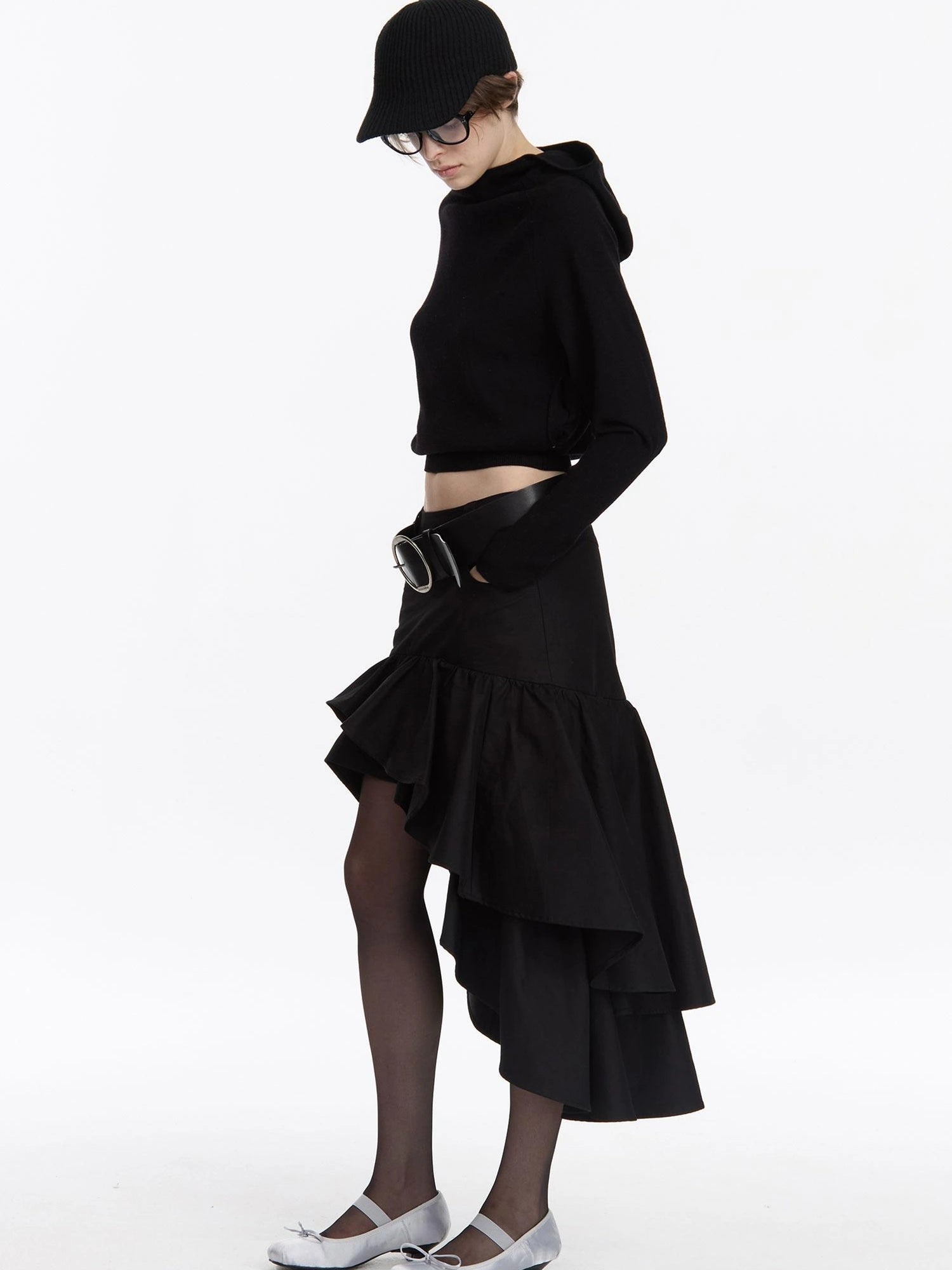 LYUOCHENG A Line Asymmetrical Ruffle Hem Skirt