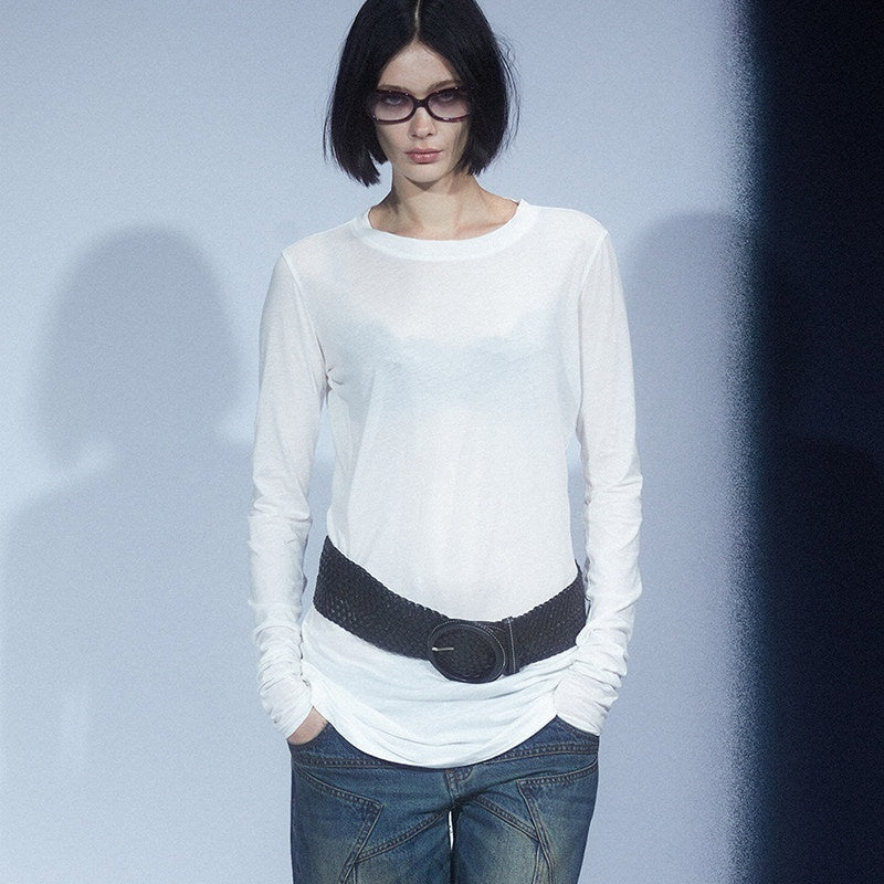 LYUOCHENG_Army_Green_Mesh_Crew_Neck_Straight_Solid_Women&